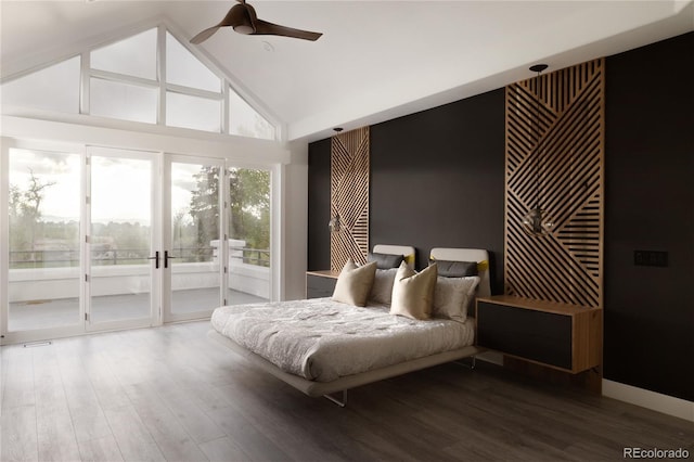 4935 E Preserve Ln, Greenwood Village, CO 80121 - bedroom with access to exterior, high vaulted ceiling, wood finished floors, french doors, and a ceiling fan
