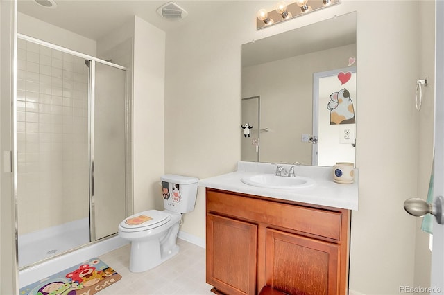 bathroom featuring visible vents, a stall shower, toilet, and vanity