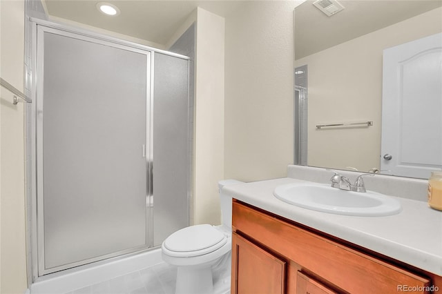full bath featuring toilet, visible vents, a shower stall, and vanity