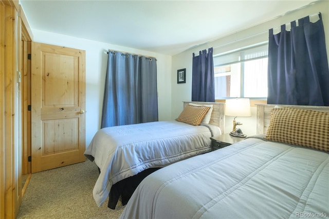 bedroom featuring light carpet