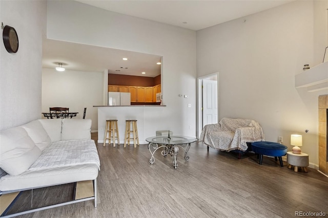 9692 W Coco Cir Unit 304, Littleton, CO 80128 - living area featuring wood finished floors, baseboards, and recessed lighting