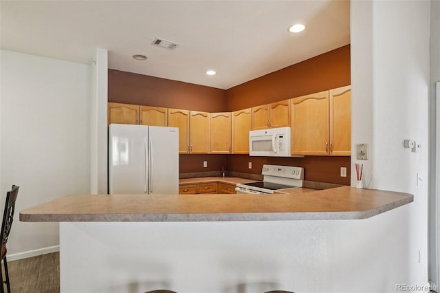 9692 W Coco Cir Unit 304, Littleton, CO 80128 - kitchen with white appliances, a peninsula, light countertops, light brown cabinetry, and recessed lighting