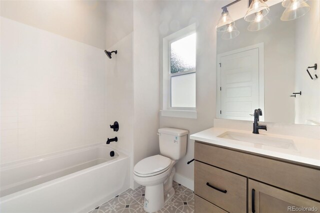 1724 Barefoot Dr, Windsor, CO 80550 - bathroom featuring toilet, vanity, bathing tub / shower combination, baseboards, and tile patterned floors