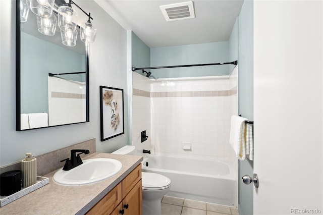 bathroom featuring visible vents, toilet, tile patterned floors,  shower combination, and vanity