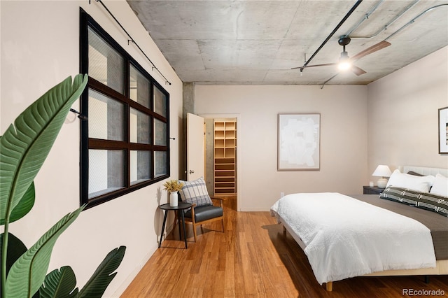 bedroom featuring ceiling fan, a spacious closet, and wood finished floors