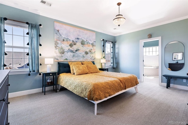 carpeted bedroom featuring baseboards, visible vents, and crown molding