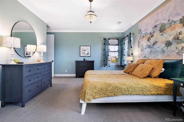 carpeted bedroom featuring baseboards and ornamental molding