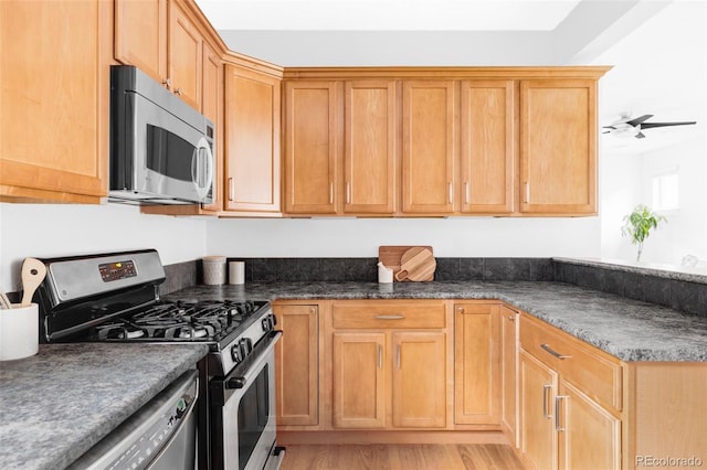 kitchen featuring stainless steel appliances, a ceiling fan, and light wood-type flooring