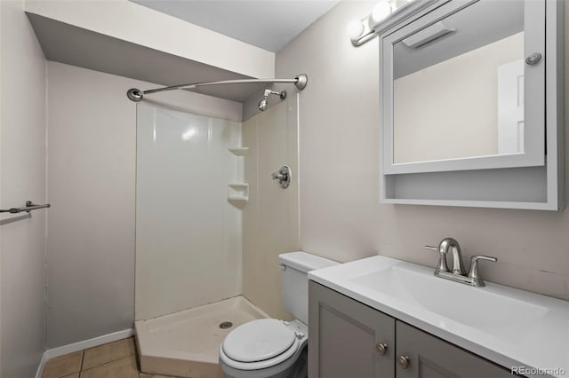 bathroom with vanity, tile patterned floors, a shower stall, and toilet