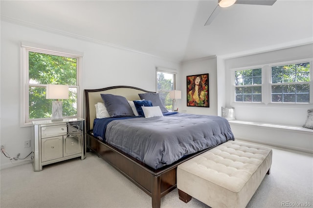 11389 E Maplewood Ave, Englewood, CO 80111 - bedroom with light colored carpet, vaulted ceiling, and ceiling fan