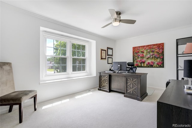 11389 E Maplewood Ave, Englewood, CO 80111 - office area with ornamental molding, ceiling fan, and carpet flooring