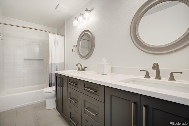 11389 E Maplewood Ave, Englewood, CO 80111 - full bath featuring tile patterned floors, double vanity, and shower / bath combo with shower curtain