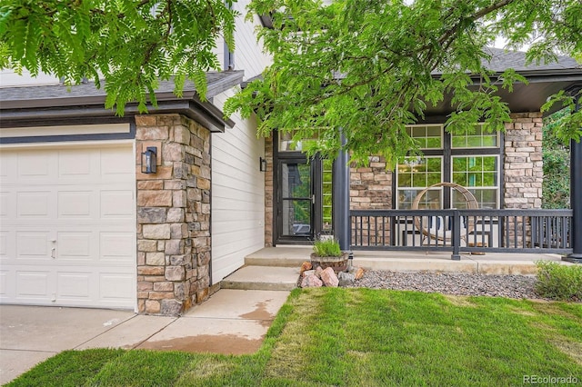 22367 Quail Run Dr, Parker, CO 80138 - entrance to property with stone siding, a porch, a shingled roof, and an attached garage