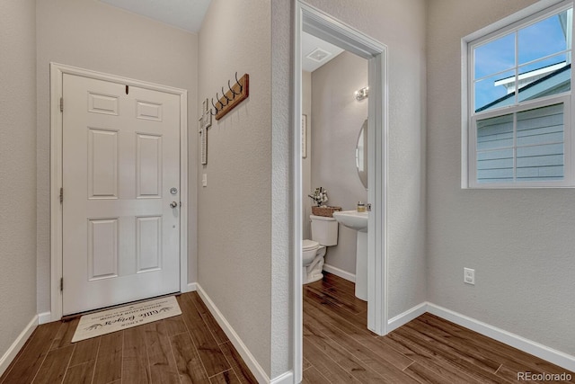 entryway with hardwood / wood-style floors