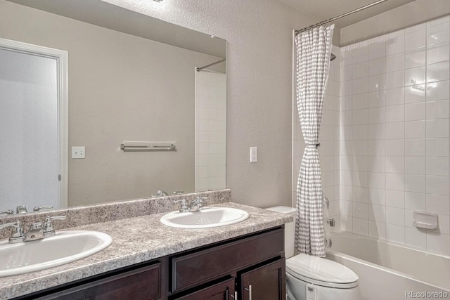 full bathroom with vanity, toilet, and shower / bathtub combination with curtain