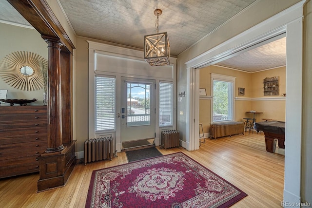 403 Scott St, Salida, CO 81201 - entrance foyer featuring radiator, ornate columns, crown molding, and wood finished floors