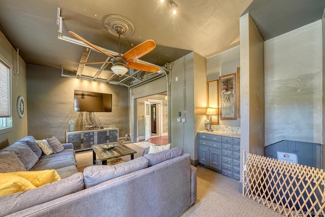 403 Scott St, Salida, CO 81201 - living area featuring a ceiling fan and light colored carpet