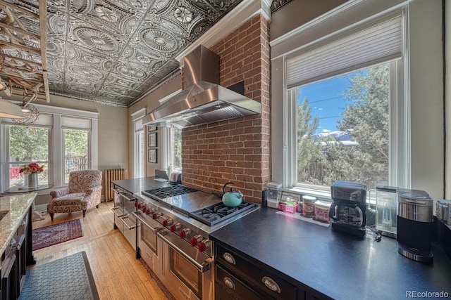403 Scott St, Salida, CO 81201 - kitchen with wall chimney exhaust hood, plenty of natural light, light wood-style flooring, stovetop, and an ornate ceiling