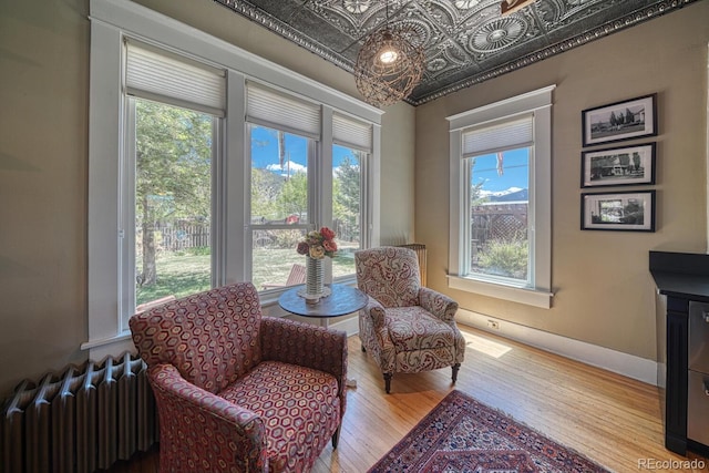 403 Scott St, Salida, CO 81201 - living area featuring radiator heating unit, plenty of natural light, hardwood / wood-style flooring, an ornate ceiling, and baseboards