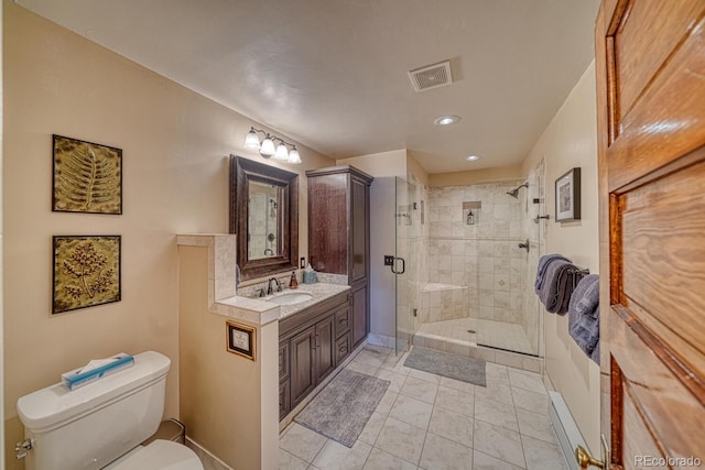 403 Scott St, Salida, CO 81201 - full bathroom with toilet, a shower stall, vanity, tile patterned floors, and recessed lighting