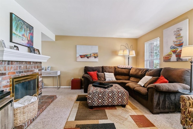 carpeted living room featuring a brick fireplace