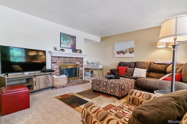 carpeted living room with a brick fireplace