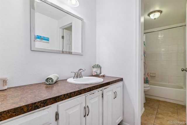 full bathroom with vanity, tile patterned floors, toilet, and shower / bathtub combination with curtain