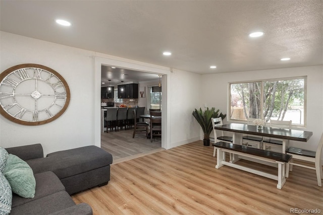 living room featuring hardwood / wood-style flooring and a textured ceiling