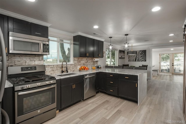 kitchen with stainless steel appliances, light hardwood / wood-style floors, sink, kitchen peninsula, and pendant lighting