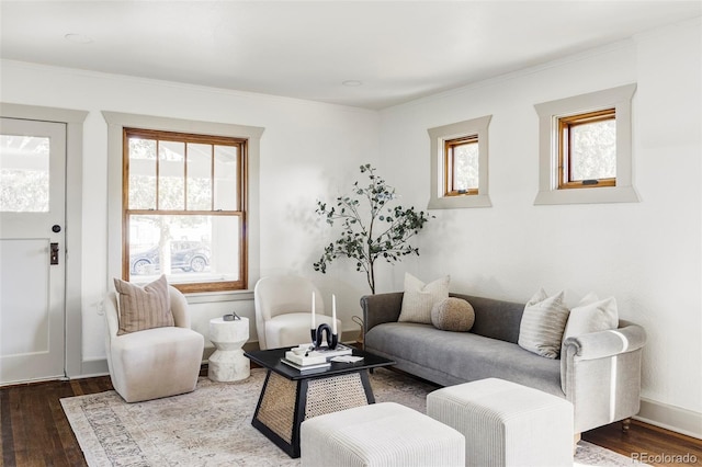 living room featuring ornamental molding and dark hardwood / wood-style flooring