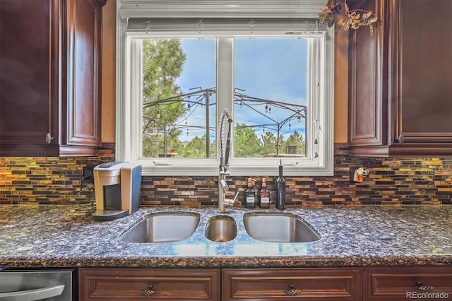 8518 High Rdg, Castle Pines, CO 80108 - kitchen featuring a sink, backsplash, dishwasher, and dark stone countertops