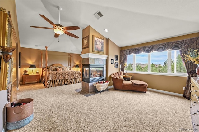 8518 High Rdg, Castle Pines, CO 80108 - carpeted bedroom featuring vaulted ceiling, baseboards, and a fireplace