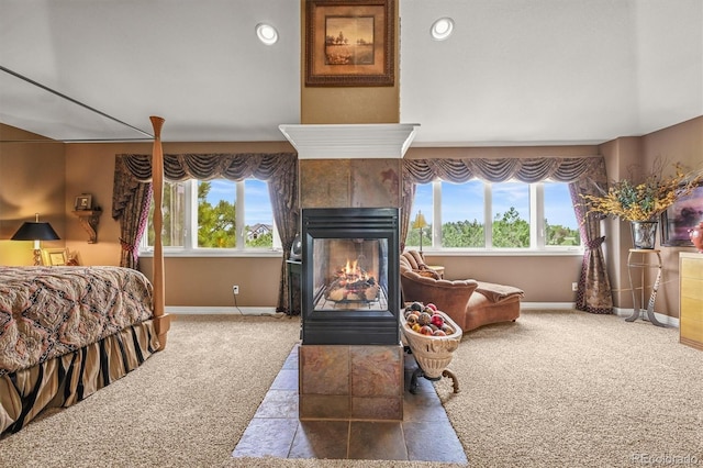 8518 High Rdg, Castle Pines, CO 80108 - carpeted bedroom with baseboards, multiple windows, and a multi sided fireplace