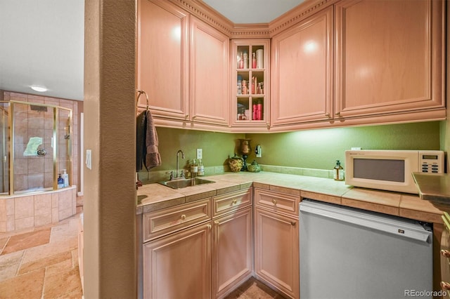 8518 High Rdg, Castle Pines, CO 80108 - kitchen with stainless steel dishwasher, white microwave, a sink, and tile countertops