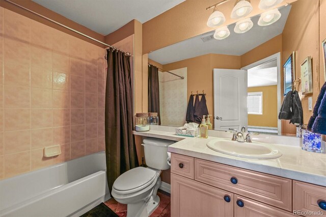 8518 High Rdg, Castle Pines, CO 80108 - bathroom featuring toilet, shower / bath combination with curtain, and vanity