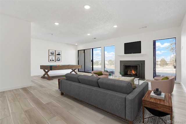 living room featuring a textured ceiling and light hardwood / wood-style flooring