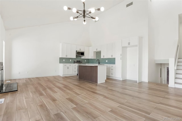 kitchen with white cabinetry, sink, backsplash, a notable chandelier, and a center island with sink