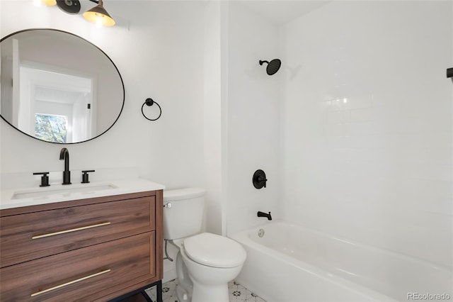 full bathroom with washtub / shower combination, vanity, and toilet