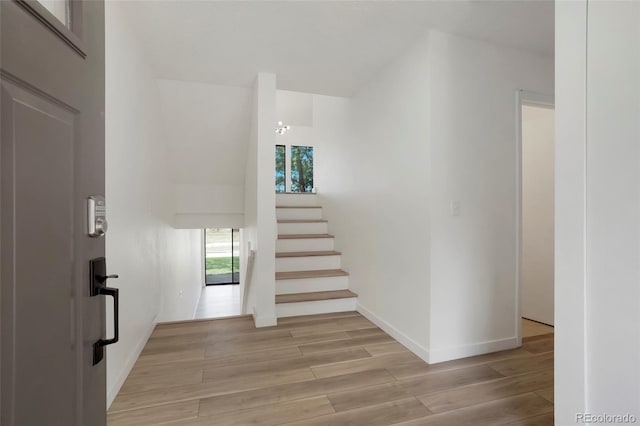 stairway with wood-type flooring