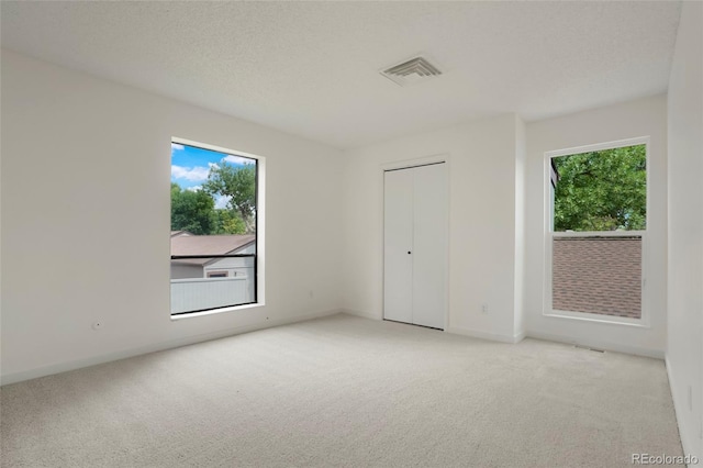 carpeted spare room with a wealth of natural light and a textured ceiling