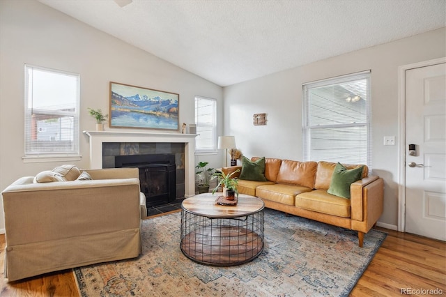 5007 S Richfield Cir, Aurora, CO 80015 - living area featuring vaulted ceiling, wood finished floors, a fireplace, and baseboards