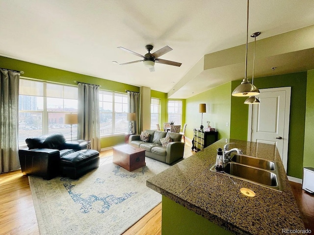 1441 Central St Unit 211, Denver, CO 80211 - living room featuring wood finished floors, a ceiling fan, and vaulted ceiling