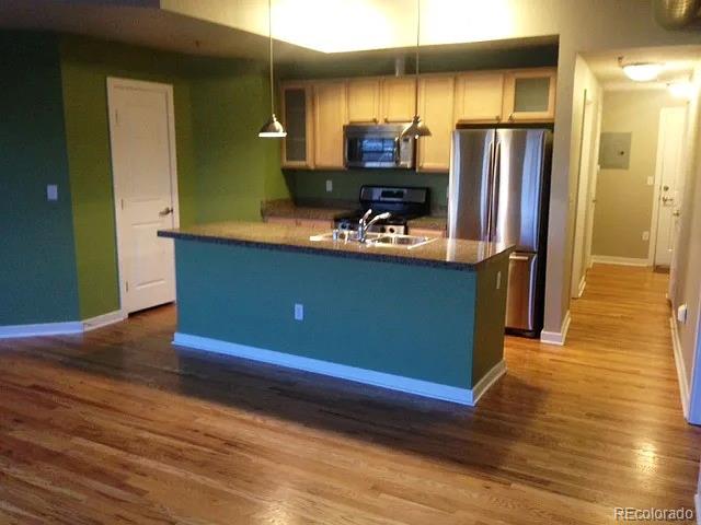 1441 Central St Unit 211, Denver, CO 80211 - kitchen with stainless steel appliances, wood finished floors, glass insert cabinets, and decorative light fixtures