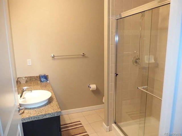1441 Central St Unit 211, Denver, CO 80211 - bathroom featuring a shower stall, tile patterned floors, vanity, and baseboards