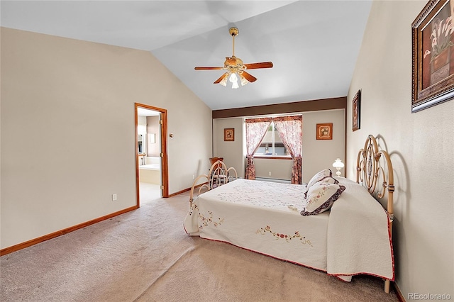bedroom featuring connected bathroom, a ceiling fan, vaulted ceiling, carpet floors, and baseboards