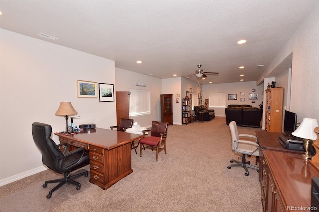 10511 Desert Bloom Way, Colorado Springs, CO 80925 - office area featuring light colored carpet, a ceiling fan, and recessed lighting