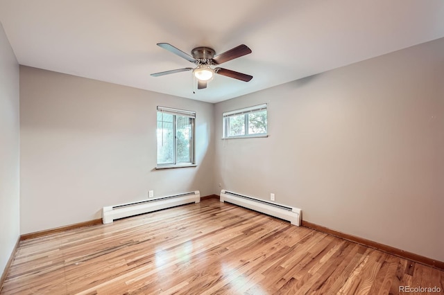 1824 S Columbine St, Denver, CO 80210 - spare room with a baseboard heating unit, ceiling fan, light wood-type flooring, and baseboards