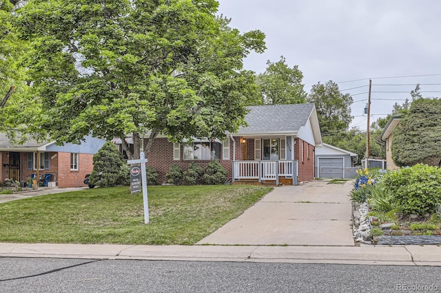 1824 S Columbine St, Denver, CO 80210 - view of front of home featuring a porch, brick siding, a front lawn, a garage, and a shingled roof