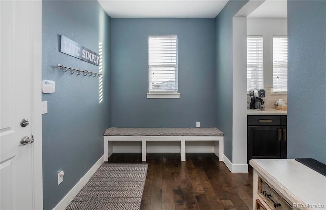 mudroom with dark wood finished floors and baseboards