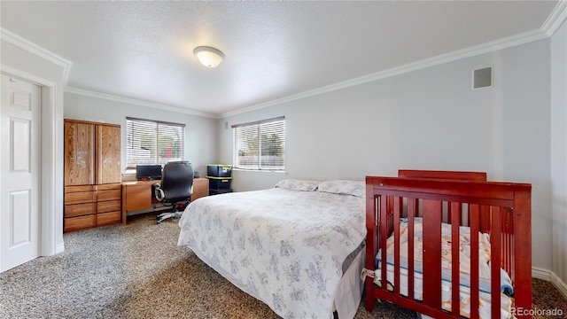 carpeted bedroom featuring ornamental molding